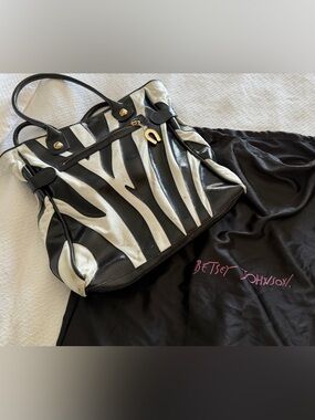 Betsey Johnson Black & White Zebra Patent Tote with Gold Charm